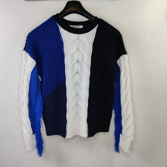 Nwt free Generation Sweater Sz S Fringe Sleeve Color Block Blue Black New - Picture 3 of 14